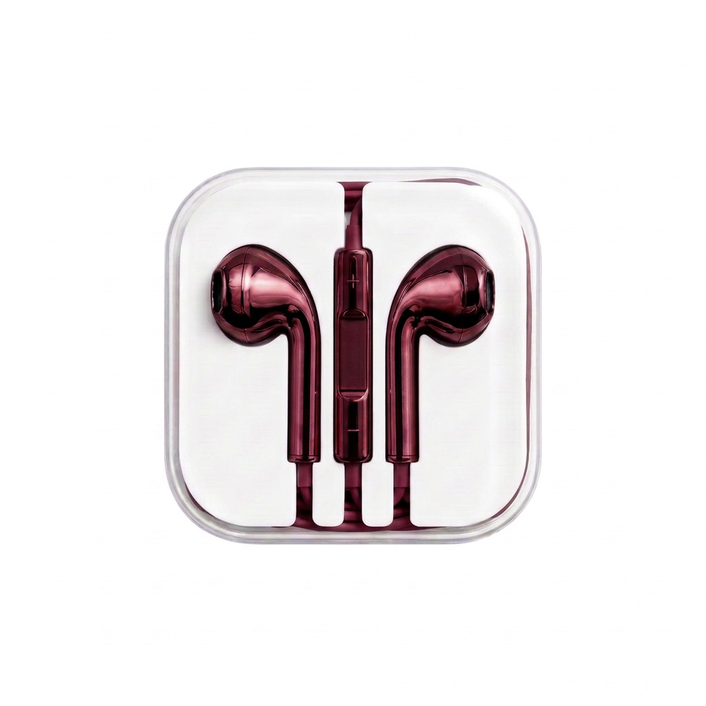 Chromatic product photo — Cherry Cola mirror-chrome wired earbuds